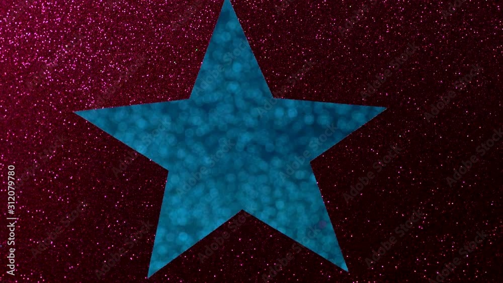 Sparkling red surface with a cutout in the shape of a star with blue glitter inside. glitter magic background. Sparkling red surface with a cutout in the shape of a star with blue glitter inside. glitter magic background.