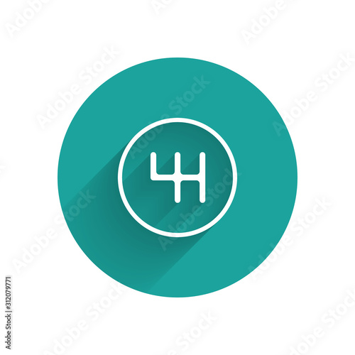 White Gear shifter icon isolated with long shadow background. Transmission icon. Green circle button. Vector Illustration