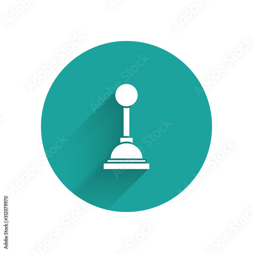 White Gear shifter icon isolated with long shadow background. Manual transmission icon. Green circle button. Vector Illustration