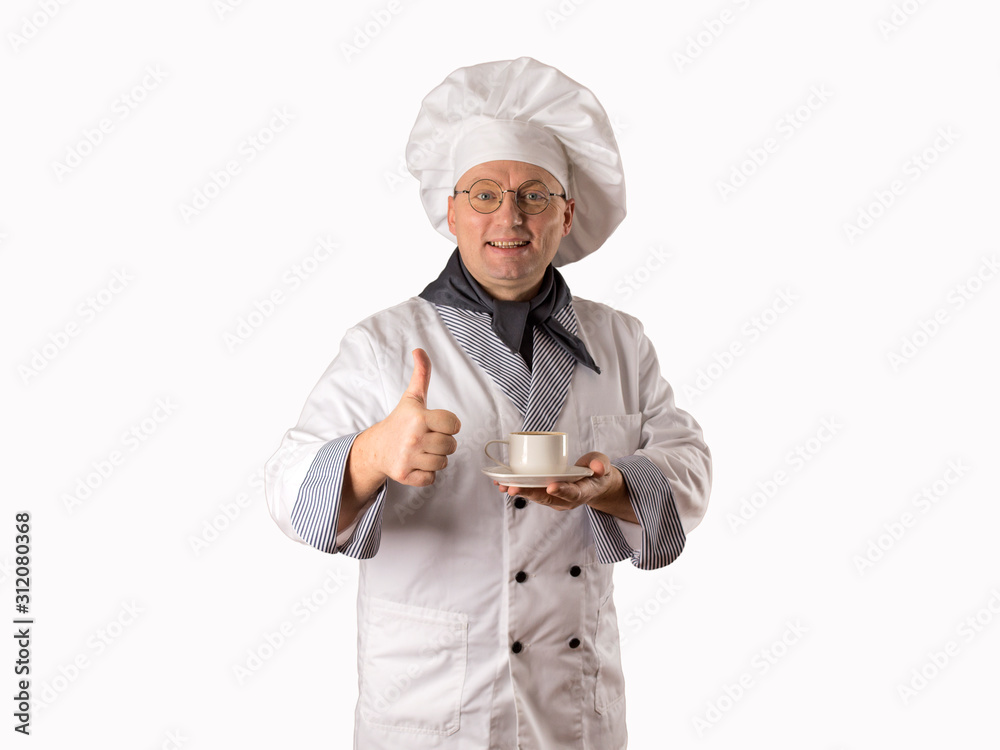 chef with a cup of coffee on a white background. chef with a cup of coffee on a white background.