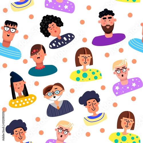 Seamless pattern of the People avatars set. Flat. Male and Female faces