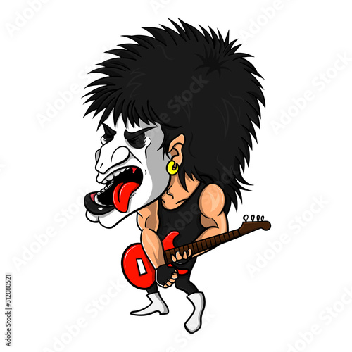Man playing electric guitars and shouted, rock and roll band wearing make up for performance like kiss band cartoon vector