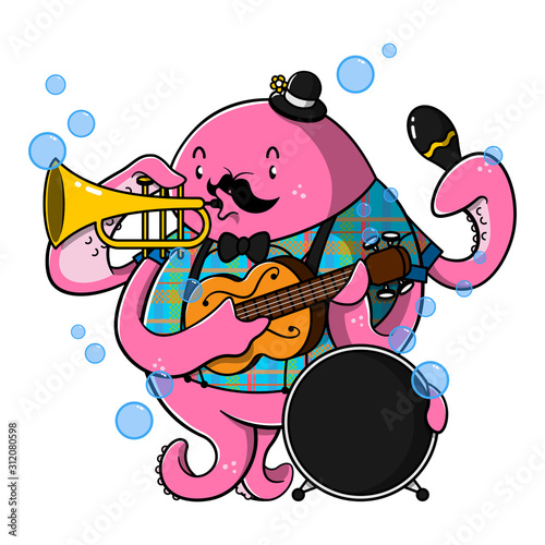 Funny eight-handed Octopus playing music, wearing classical Jazz musician clothes, playing guitars, saxophone, maracas, and drums together Cartoon Vector