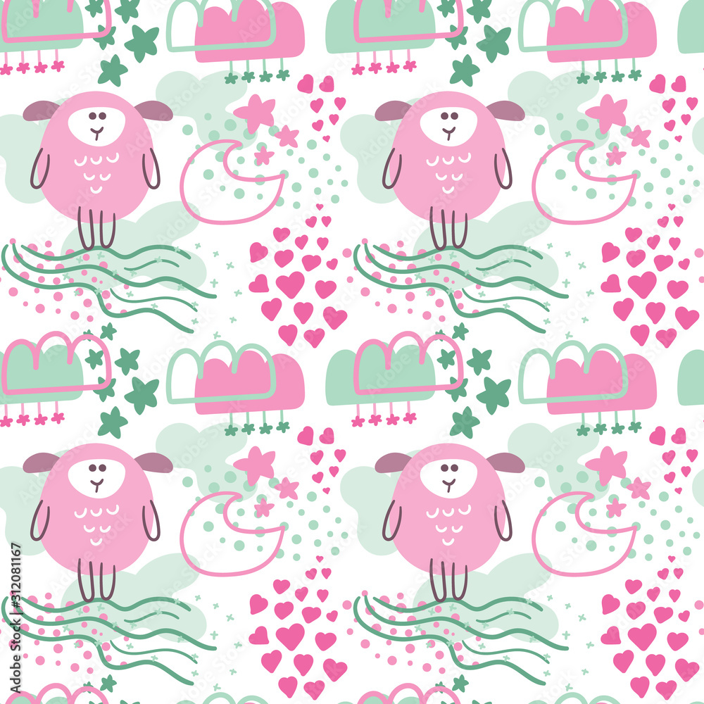 Obraz premium seamless repeat pattern with sheeps, hearts, stars, moons and clouds
