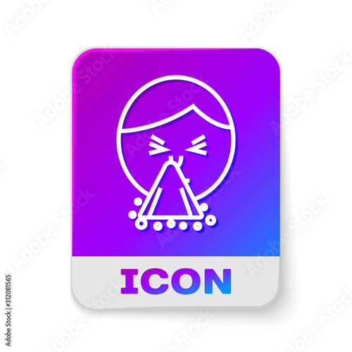 White line Man holding handkerchief or napkin to his runny nose icon isolated on white background. Coryza desease symptoms. Rectangle color button. Vector Illustration