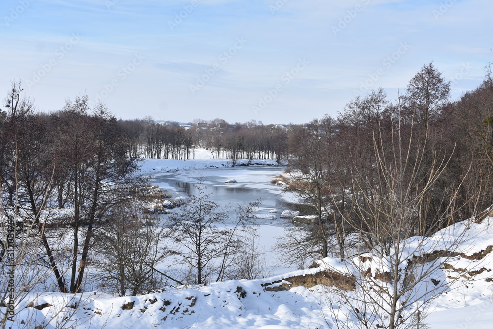 winter landscape with river and trees winter landscape with river and trees