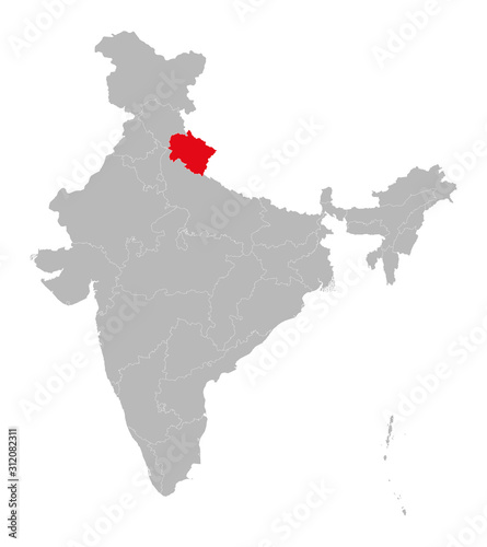 Uttarakhand state highlighted red on indian map vector. Light gray background. Perfect for business concepts, backdrop, backgrounds, label, sticker, chart etc.