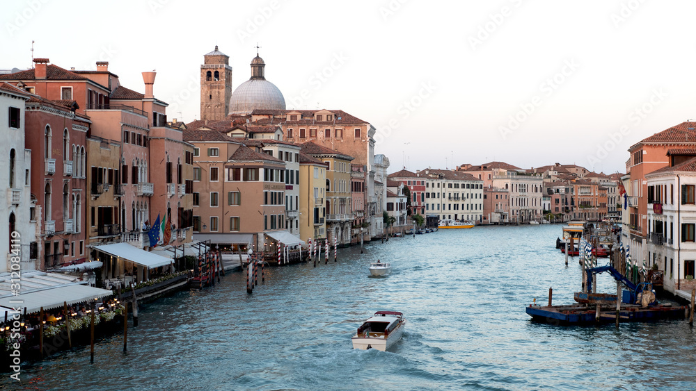 Panoramic view of famous Grand Canal on sunset, Venice, Italy
