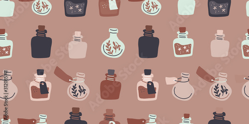 Seamless pattern - colorful magic potion bottles 