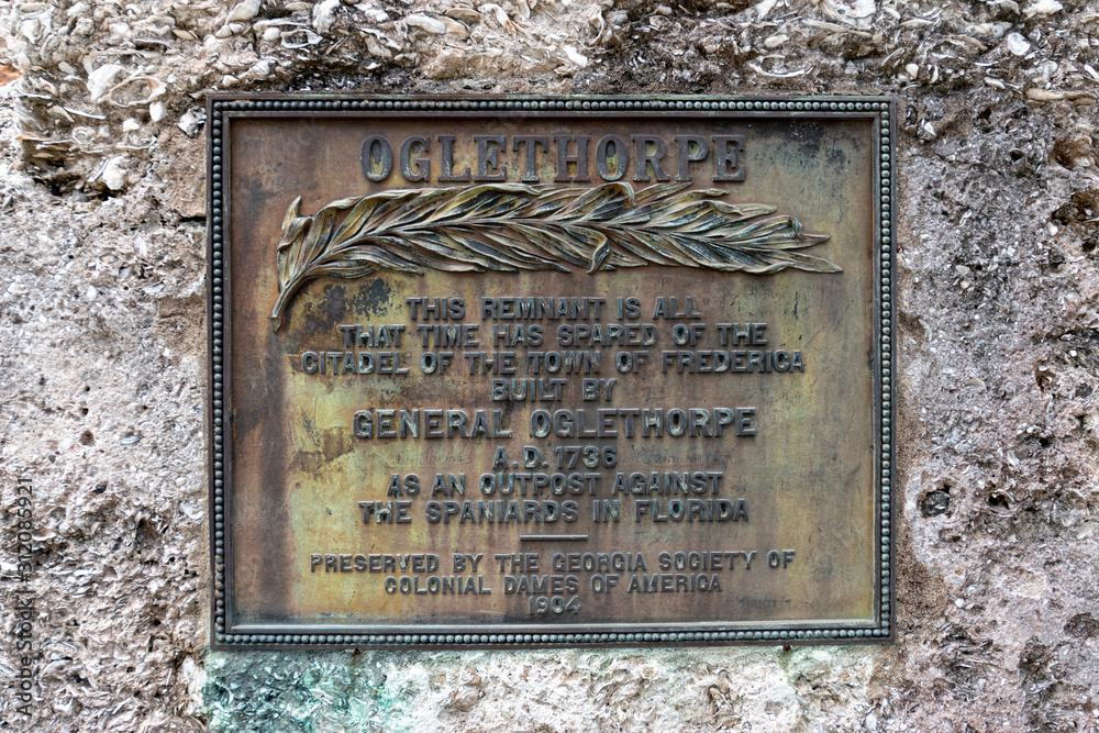 A plaque from Fort Frederica commemorating General Oglethorpe's defence of the English against the Spanish in Florida. A plaque from Fort Frederica commemorating General Oglethorpe's defence of the English against the Spanish in Florida.