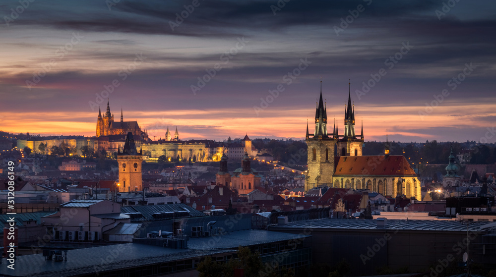 Beautiful sunset view on city of Prague at the sunset from Jindrich tower, Prague