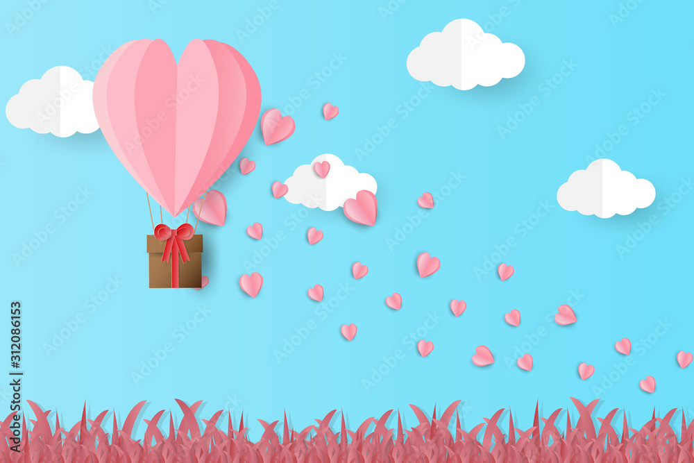 Illustration of valentine day greeting card. Origami made heart balloon flying over grass with heart float on the sky. Paper art style.