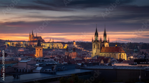 Beautiful sunset view on city of Prague at the sunset from Jindrich tower, Prague © Kennymax