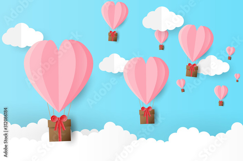 Illustration of valentine day greeting card. Origami made heart balloon flying on the sky. Paper art style.