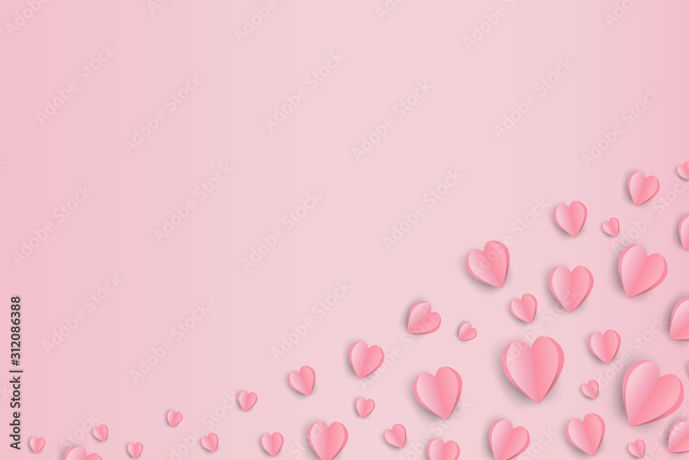 illustration of valentine day background with place text space. Pink hearts on pink background, paper art style.