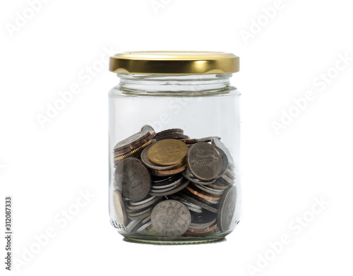 jar with coins isolated on white background