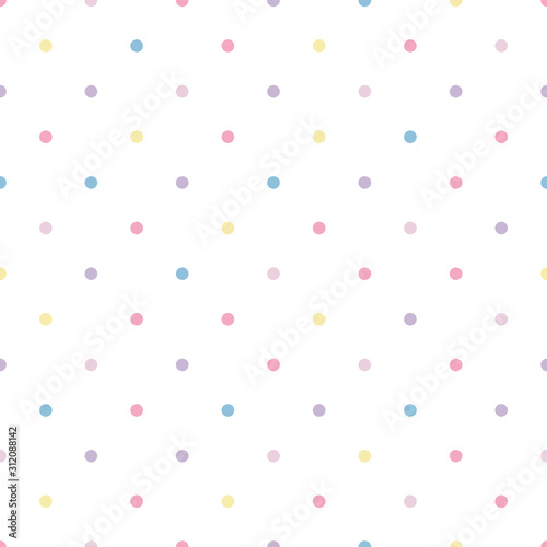 Vector seamless pattern pastel rainbow with yellow, blue, pink, purple polka dots and white background.