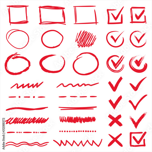 Marker drawing checkbox red vector sketch isolated. Hand drawn brush and pen stroke highlights, select V marks, check squares, circles lines and underlines. Ink design doodle elements for any purposes