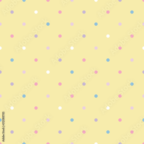 Vector seamless pattern pastel rainbow with white, blue, pink, purple polka dots and yellow background