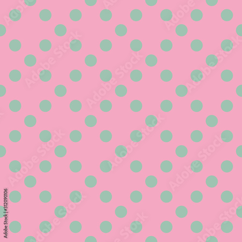 Vector seamless pattern pastel rainbow with green polka dots and pink background