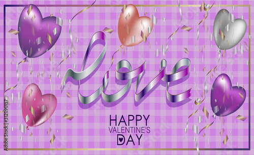 Valentine's Day greeting card. Pearly balloons on a purple background. Lettering text: Happy Valentine's Day. Can be used as invitation banner, flyer.