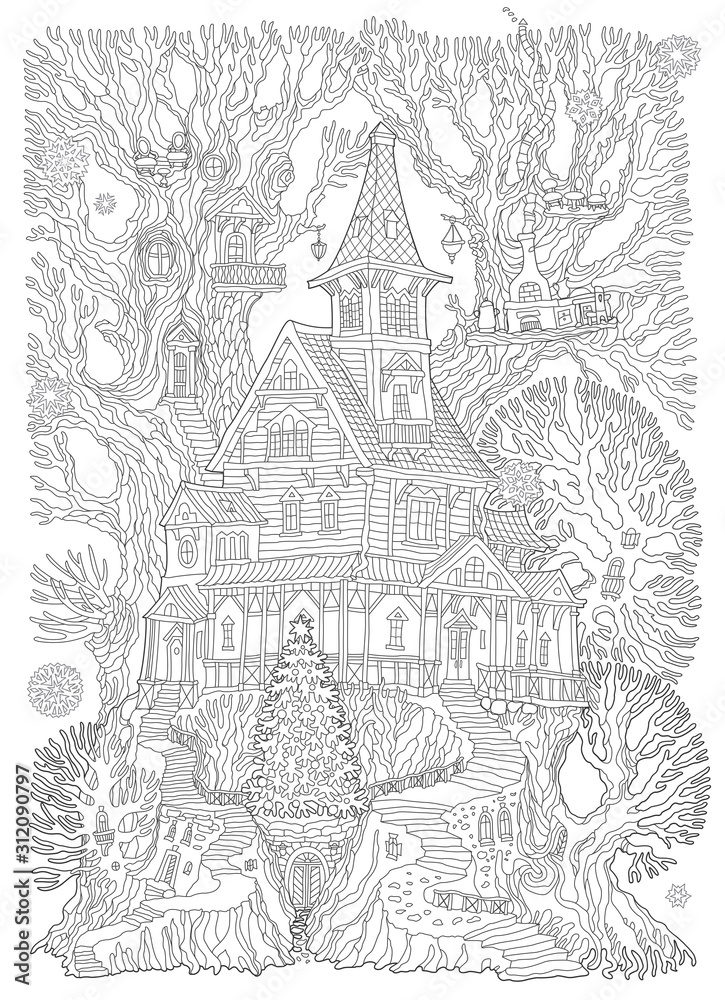 Coloring book page for children and adults, fantasy old tree stump with fairy tale house and fir-tree. Linear contour sketch. Tee-shirt print. New Year and Christmas greeting card, party invitation 
