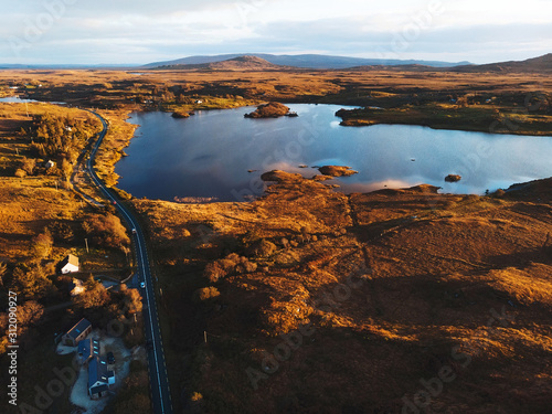 drone view on lake and road photo