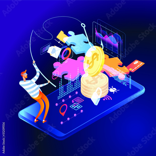 Hacker attack and web security vector concept, phishing scam. Netwrok and internet security. Anti virus, spyware, malware. 3d isometric vector illustration.