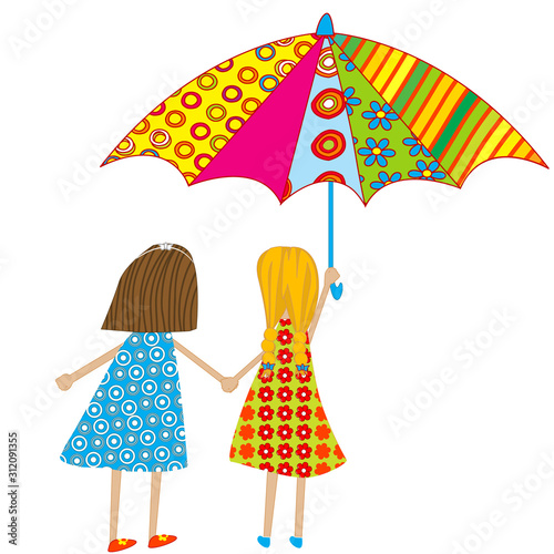 Two cartoon girls with an umbrella