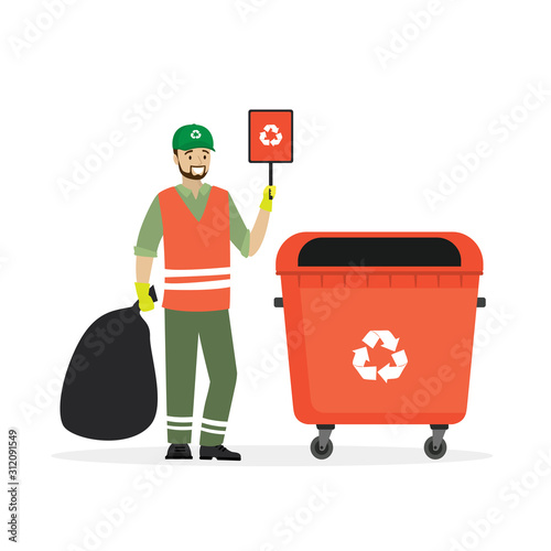 Worker cleaning garbage with a recycling sign and trash can. Cartoon Recycling concept