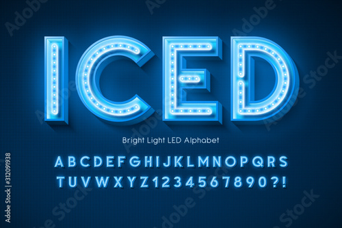 Neon light 3d alphabet, extra glowing modern font.