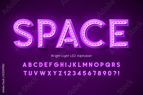 Neon light 3d alphabet, extra glowing modern font.