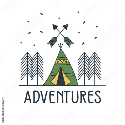Outline drawn label with textured teepee vector illustration and "Adventures" inspirational lettering.