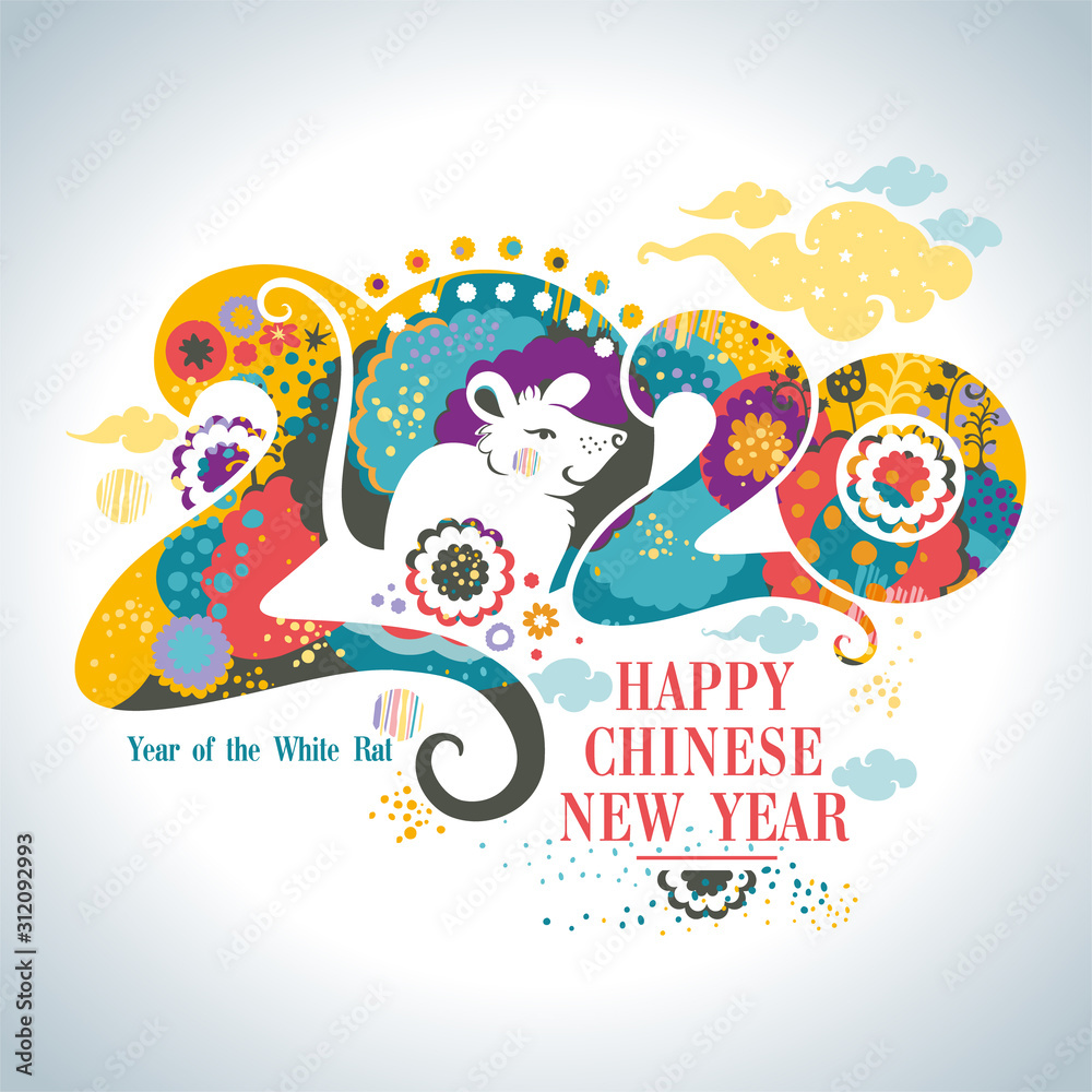 Happy Chinese New Year 2020. Beautiful illustration of the white Rat on a bright floral patterns and clouds background 2020 of stylized vibrant nature. Flat vector graphic. Happy Chinese New Year 2020. Beautiful illustration of the white Rat on a bright floral patterns and clouds background 2020 of stylized vibrant nature. Flat vector graphic.