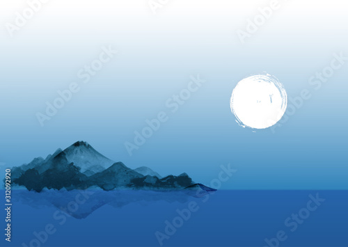 Night landscape with blue mountains in water and the Moon. Traditional oriental ink painting sumi-e, u-sin, go-hua.