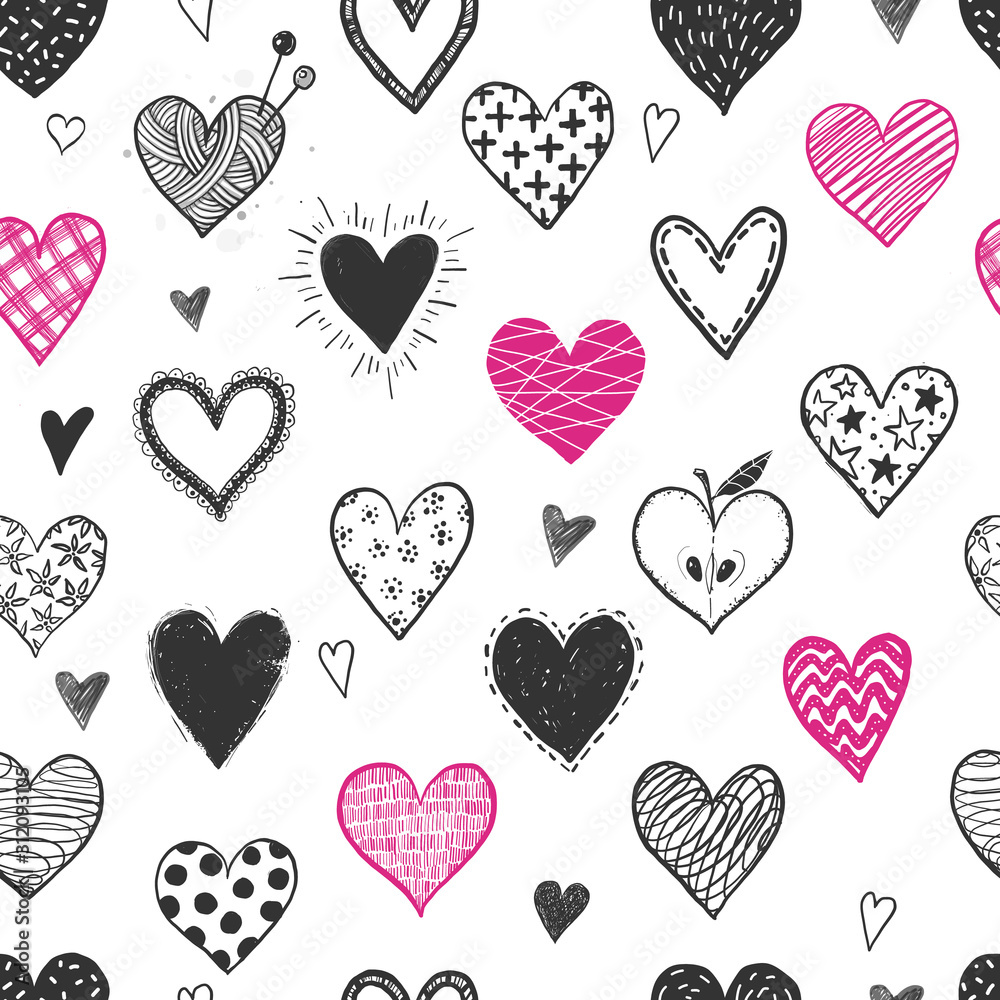 Seamless background with pink and black doodle sketch hearts. Can be used for wallpaper, pattern fills, textile, web page background, surface textures.
