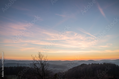 dusk after sunset in mountains franconian switzerland bavaria