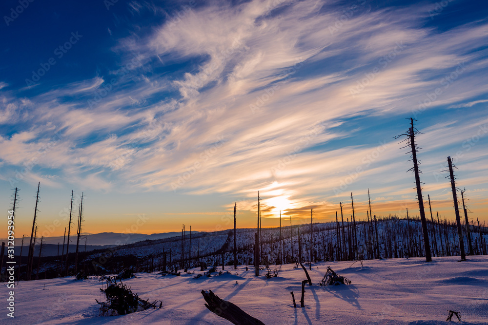 sunrise bavarian forest sun above mountains germany