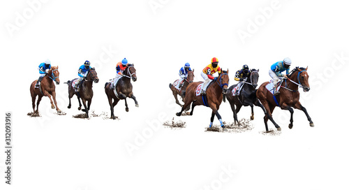 Valokuva jockey horse racing isolated on white background