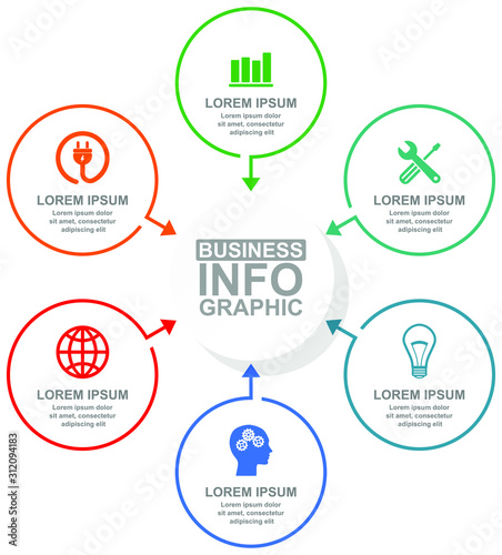 Business, energy and technology diagram, flat design circular infographic vector template in 6 options