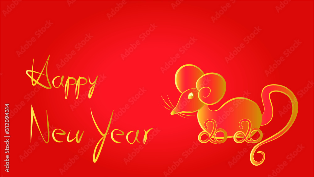 Eine goldige Ratte mit Jaheszahl 2020 und Text Happy New Year auf rotem Hintergrund. Eine goldige Ratte mit Jaheszahl 2020 und Text Happy New Year auf rotem Hintergrund.