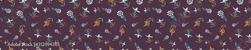 Hand drawn vector daisy summer bloom banner. Floral motif seamless border pattern. Pretty vintage pink flower petal background. Modern feminine cut out collage prairie style. Ribbon trim tape edge. 