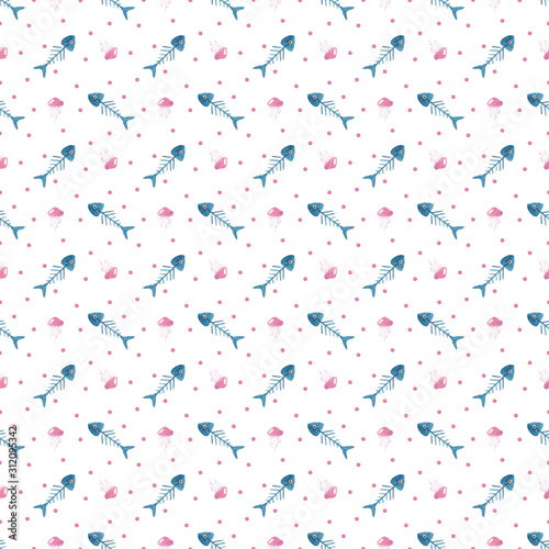 Seamless pattern of blue watercolor fish and pink jellyfish on a white background. Use for invitations, birthdays, menus