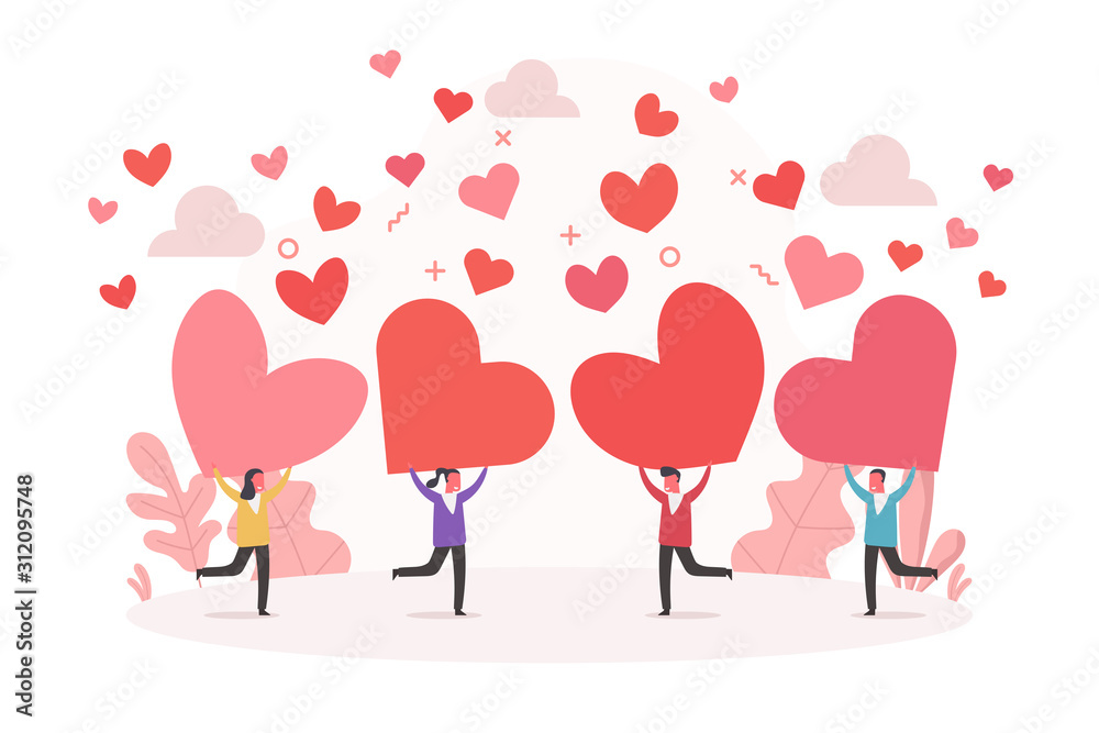 concept of valentine day with tiny people bring hearts to share for each other, flat vector illustration for web, landing page, ui, banner, editorial, mobile app and flyer