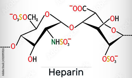 Heparin molecule, is naturally occurring glycosaminoglycan, anticoagulant.  Skeletal formulas.
