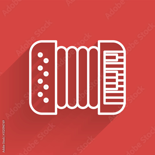White line Musical instrument accordion icon isolated with long shadow. Classical bayan, harmonic.  Vector Illustration
