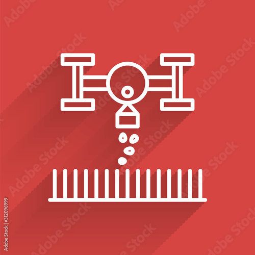 White line Smart farm with drone control for seed planting icon isolated with long shadow. Innovation technology for agricultural company.  Vector Illustration