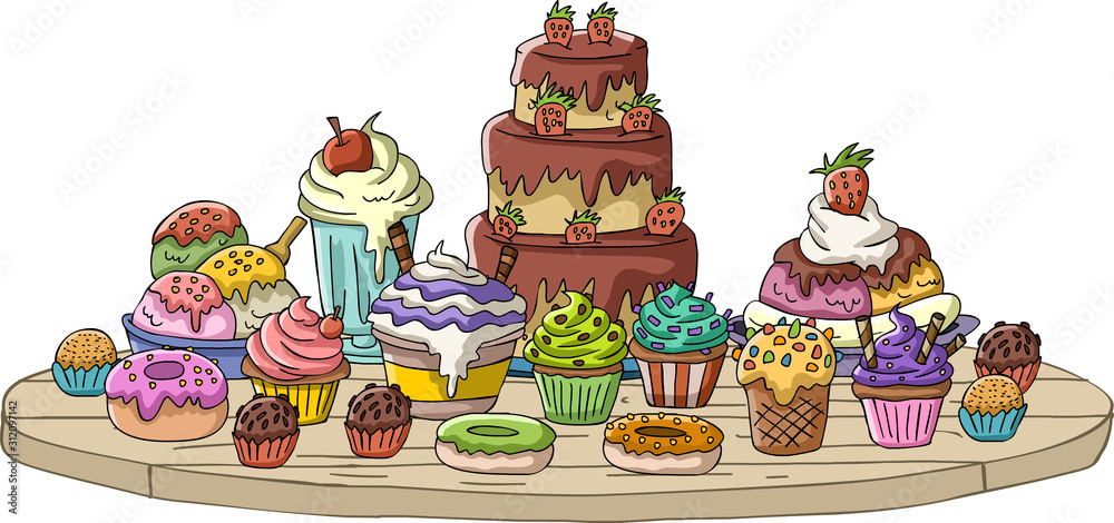 Cartoon table with desserts. Birthday party table with cake and desserts.  Stock Vector | Adobe Stock