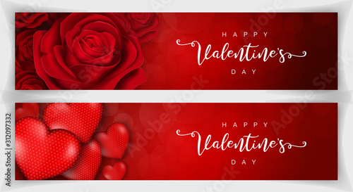 Happy Valentine's Day romantic realistic banner red background. Vector illustration for web.