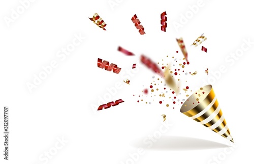 Realistic paper cone with golden glittering confetti and stars isolated on white.